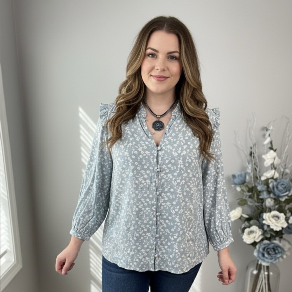 XXL Lauren Conrad Light Blue Green Floral Blouse
